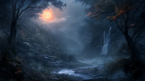 Moonlit forest ravine with distant waterfall and river.