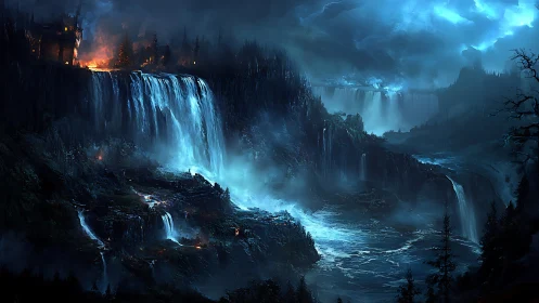 Storm-lit fantasy canyon with cascading glacial waterfalls
