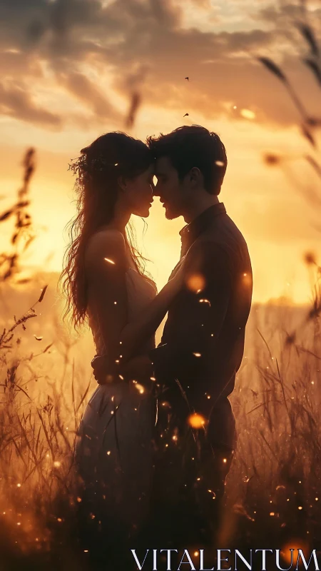 Silhouetted couple embracing amid golden sunset glow