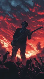 Guitarist silhouetted against incendiary sunset sky at concert
