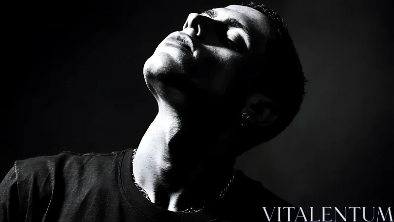 Shadow-lit portrait tilts into fierce monochrome reverie.