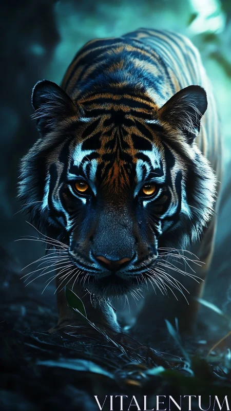 Close frontal view of stalking tiger in dark forest.