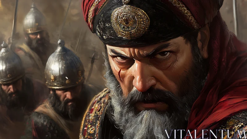 Battle-hardened commander with ornate turban in dense melee.