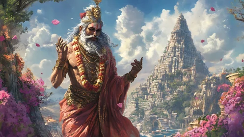 Elderly robed sage walks before vast terraced mountain temple