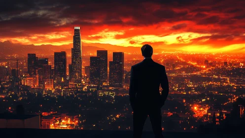 Businessman overlooks blazing city skyline at sunset