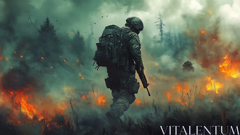 Solitary infantry operator advancing through incendiary forestscape.
