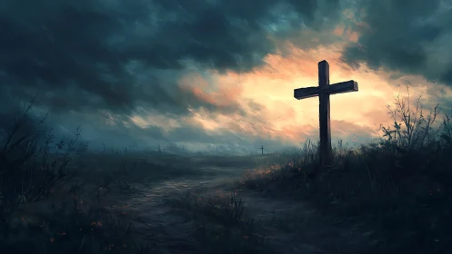 Stormlit graveyard cross under dramatic twilight sky.