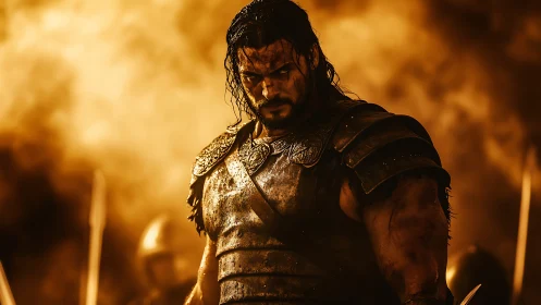 Battle-weary warrior standing in golden stormlight.