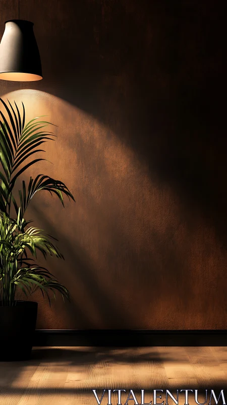 Potted plant under pendant light against warm brown wall.