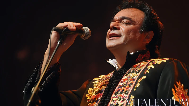 Male vocalist in ornate embroidered jacket under warm stage light.