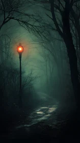 Red signal lamp illuminates mist-laden forest path at night