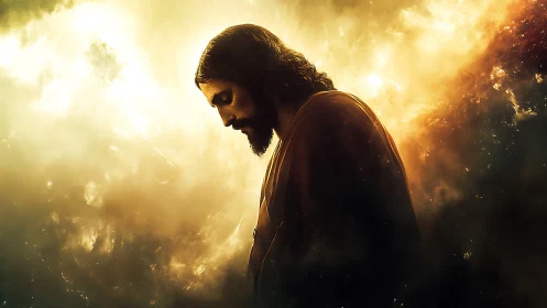 Backlit robed figure in luminous atmospheric nebular haze.