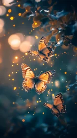 Three illuminated butterflies hover among glowing bokeh lights