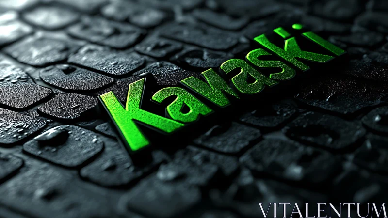 Green Kawaski text glows over wet stone tiles.