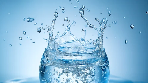 Joyful splash of crystal clear water in soft blue light.