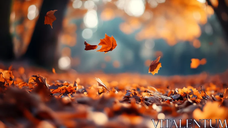 Golden autumn leaves drifting above forest floor at dusk.