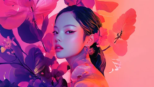 Digital portrait of woman amid stylized floral elements