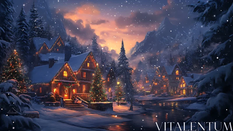 Snow laden alpine village with luminous festive cottages.
