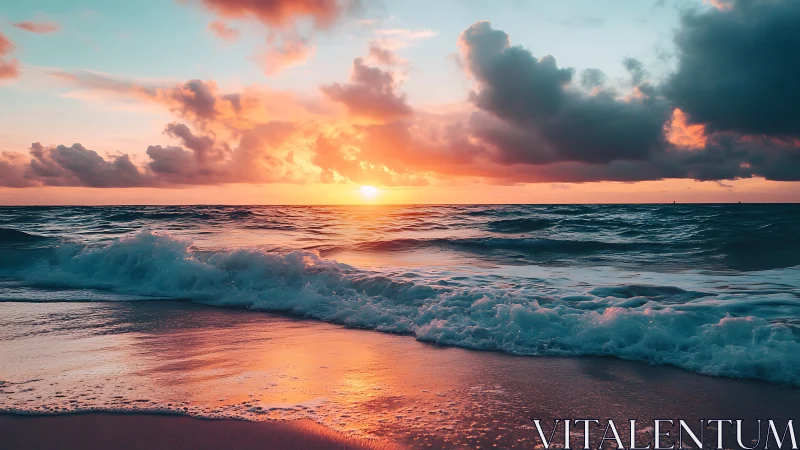 Gentle waves welcome a glowing sunset along the shore