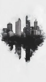 Monochrome skyline forms mirrored ink-wash city reflection.