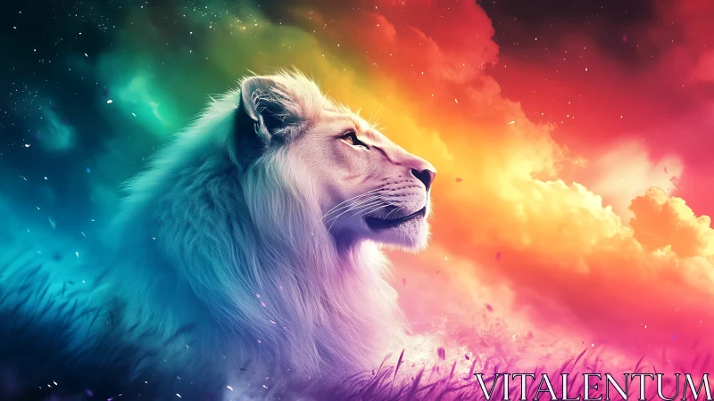 Starlit lion drifts through a neon storm of painted skies
