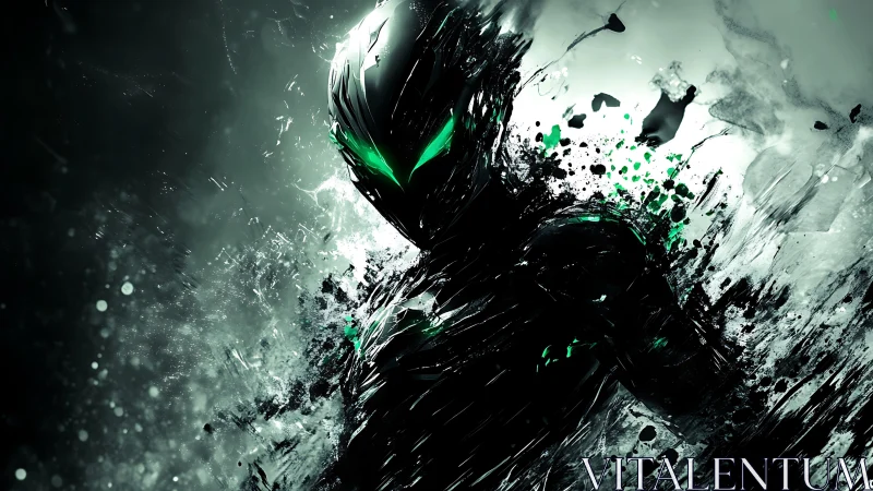 Armored silhouette with neon eyes dissolves into dynamic ink shards