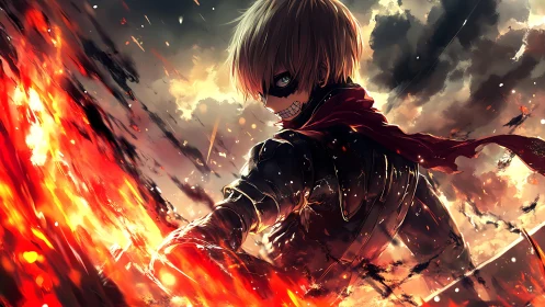 Vengeful masked anime warrior commands a storm of flame