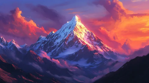Snow peak mountain under vivid orange sunset sky.