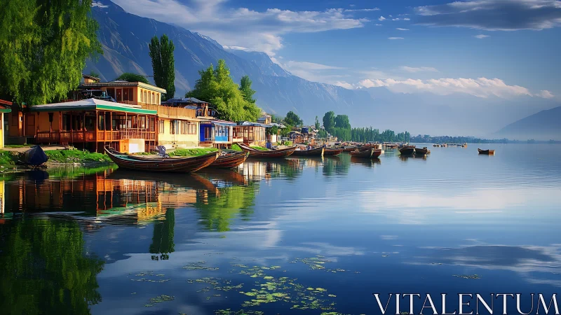 Mountain lake waterfront with boats and colorful houses.