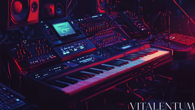 Synth workstation under neon magenta and cyan rim lighting