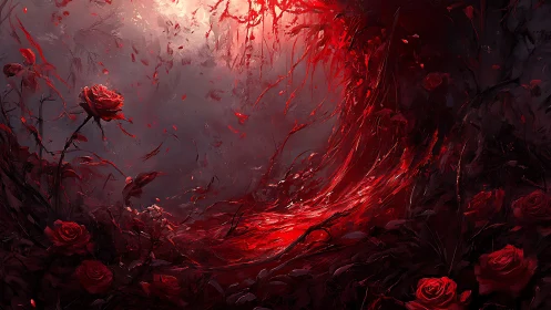 Crimson rose vortex where twilight gardens start to dream.