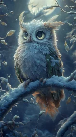Nocturnal owl on snow-covered branch under full moon.