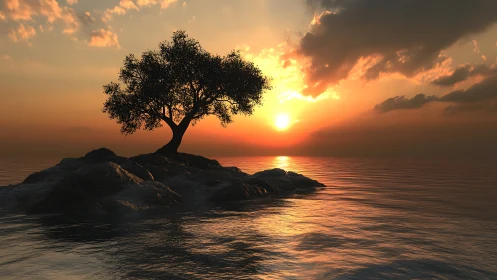 Solitary tree crowns a rocky islet at glowing sunset over sea.
