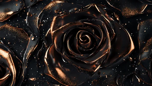 Specular black metallic rose macro with molten gloss highlights.