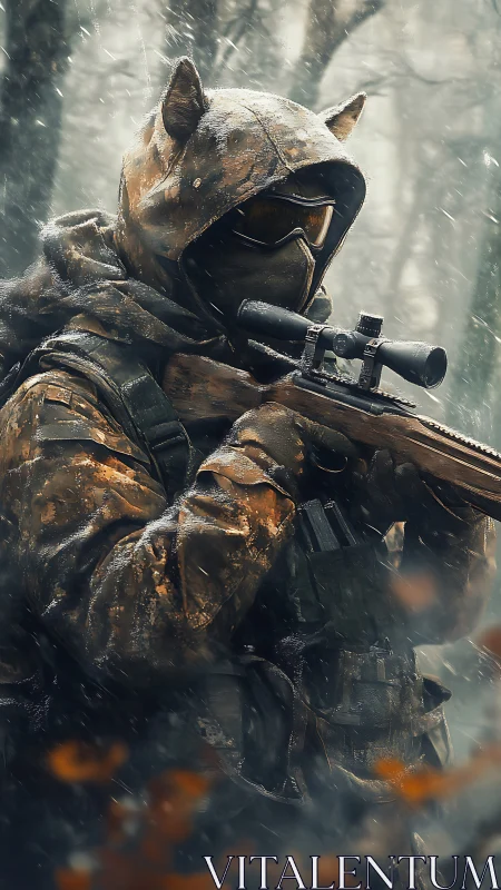 Sniper in camo hood sights target through winter storm