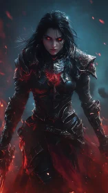 Armored dark warrior with glowing red eyes in embers.