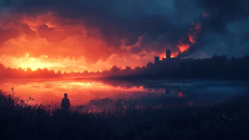 Incendiary lakeside horizon with silhouetted burning fortress.