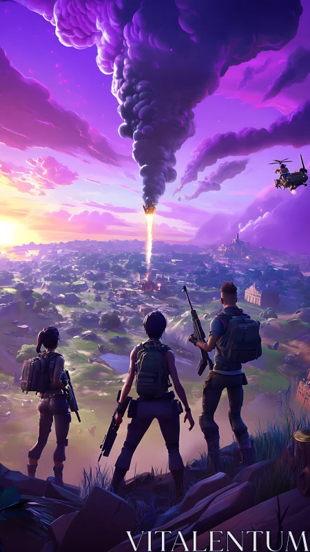 Three brave teammates watch a dramatic meteor strike at dusk