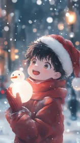 Child in red coat holding glowing snowman in snowfall.