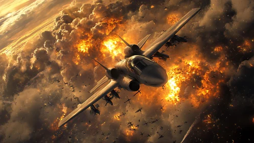 Futuristic strike jet dives through incendiary cloud battlefield