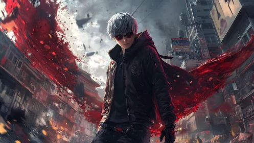 White-haired urban antihero walks through collapsing blood storm