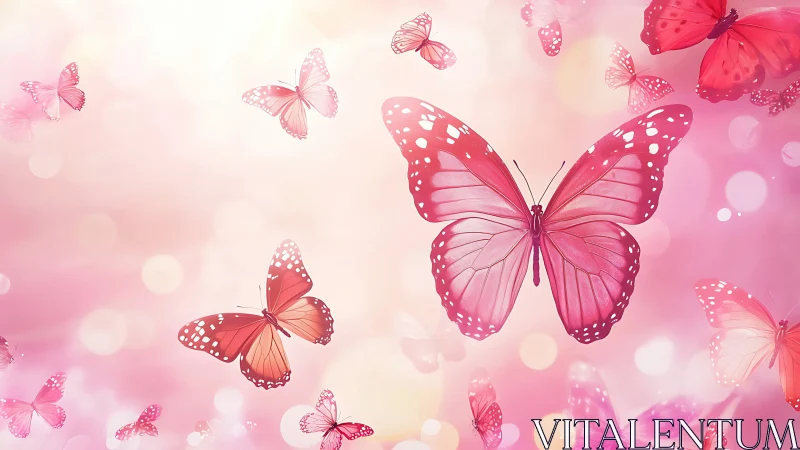 Pink butterflies drift through soft luminous bokeh sky