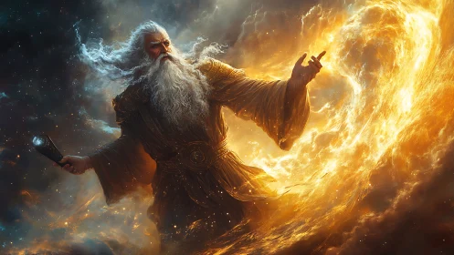 Cosmic fire mage shaping swirling stellar inferno.