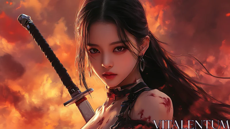 Fierce warrior stands strong against a blazing storm sky