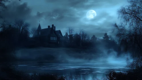 Lunar-lit gothic manor above mist-laden reflective lakefront.