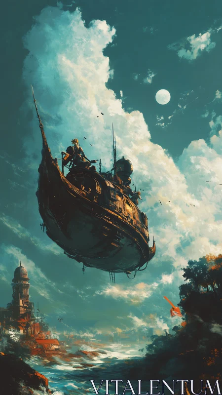 Moonlit skyship drifts above storm-tossed steampunk coast.