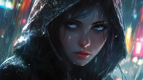 Rain-soaked hooded girl with luminescent eyes in neon backlight