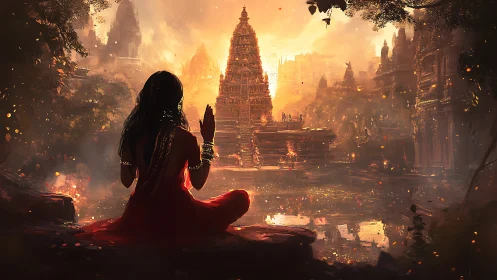 Woman in red before illuminated temple at reflective water.