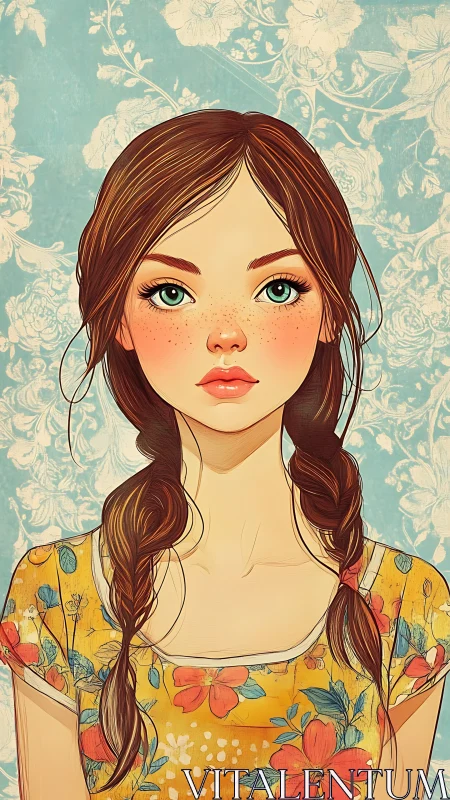 Freckled portrait study with floral dress and braided hair.