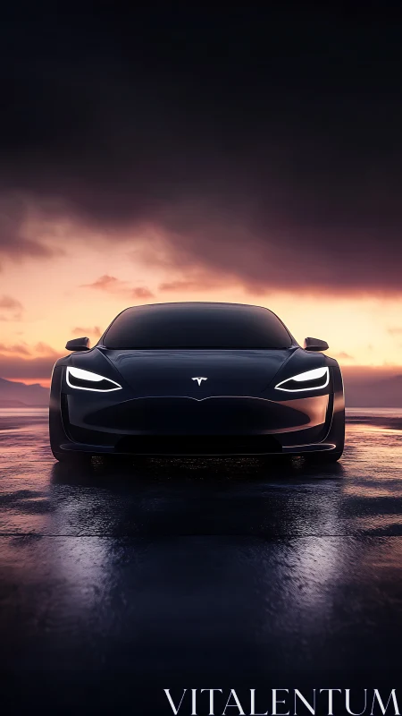 Electric dusk drive with a sleek midnight Tesla coupe.